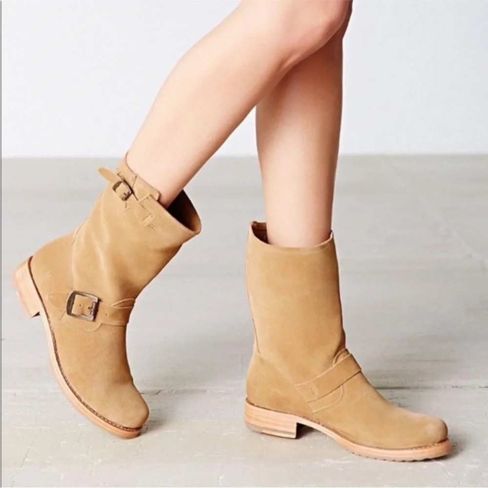 $389 Veronica Short Belted Brown Suede Leather Popular Moto Vintage Combat Boot - Picture 2 of 16
